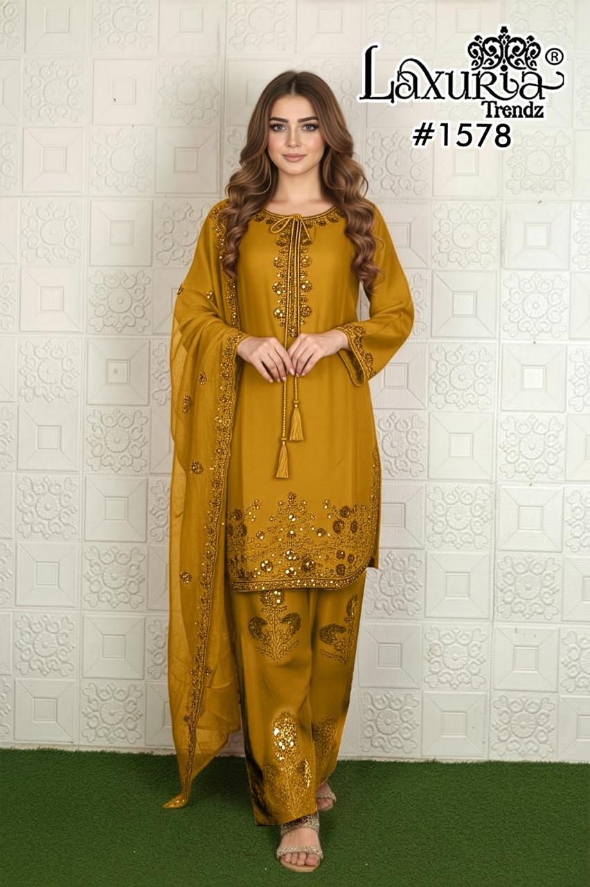 1578 Yellow Laxuria Trendz Satin Chiffon Pakistani Readymade Suits
