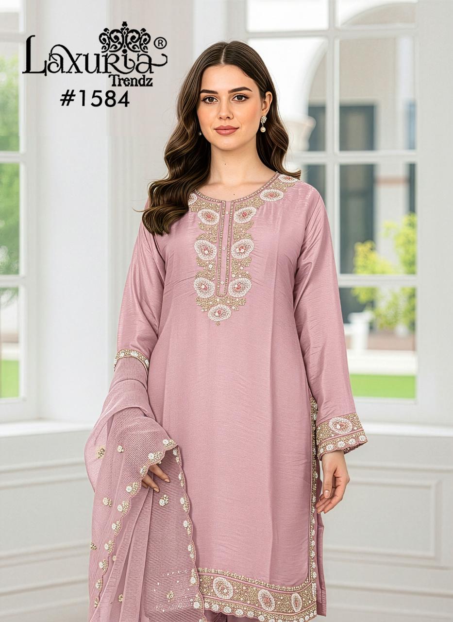 1584 Peach Laxuria Trendz Imported Satin Pakistani Readymade Suits