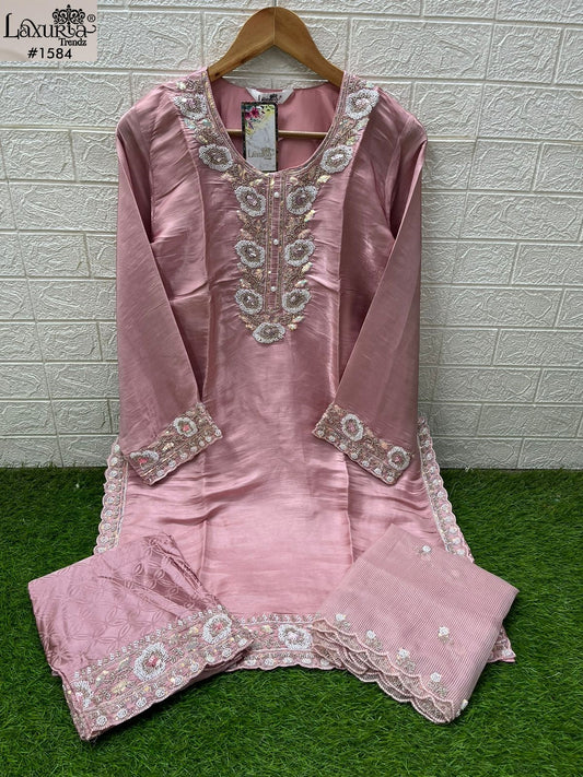1584 Peach Laxuria Trendz Imported Satin Pakistani Readymade Suits