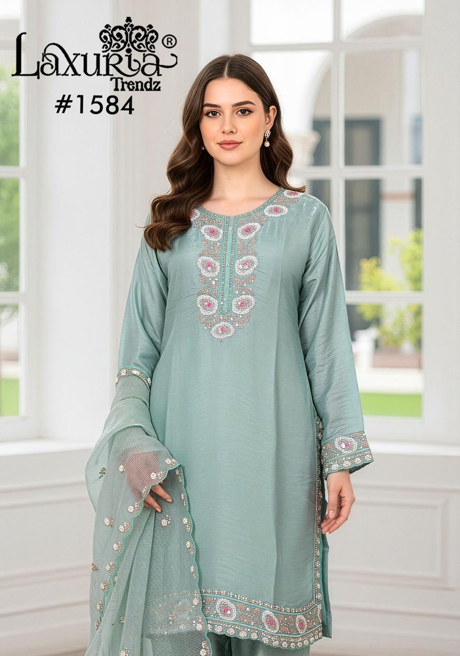 1584 Sky Laxuria Trendz Imported Satin Pakistani Readymade Suits