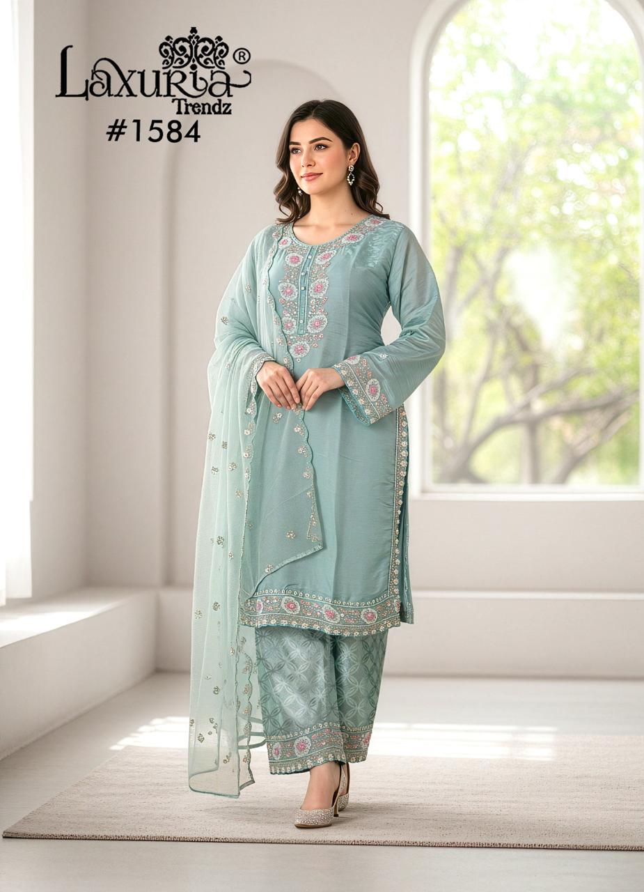 1584 Sky Laxuria Trendz Imported Satin Pakistani Readymade Suits