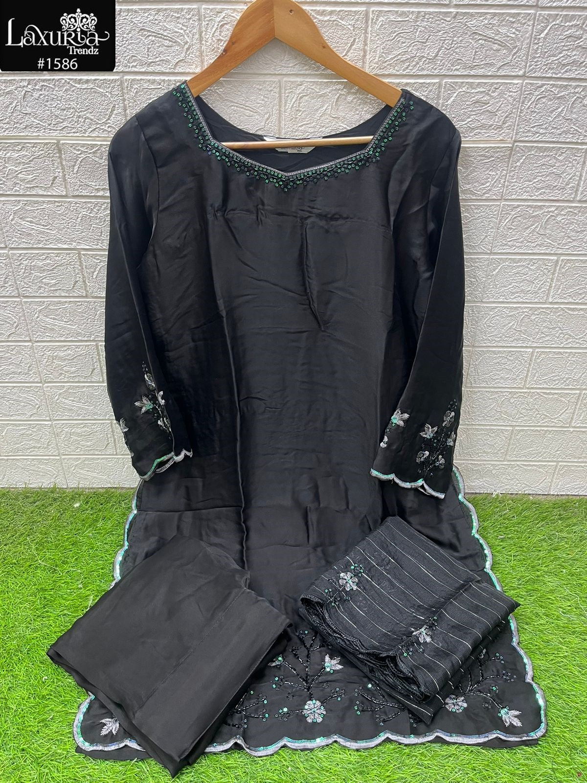 1586 Black Laxuria Trendz Satin Pakistani Readymade Suits