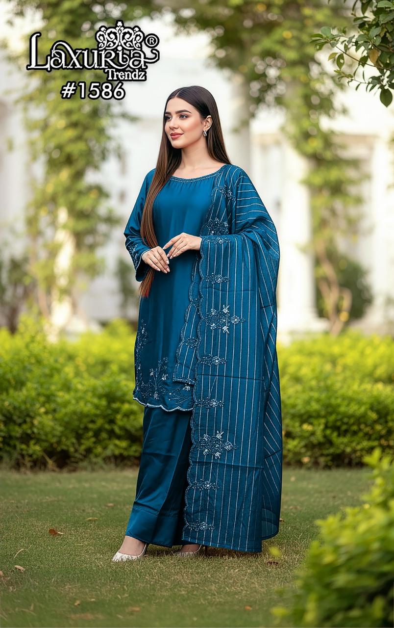 1586 Blue Laxuria Trendz Satin Pakistani Readymade Suits