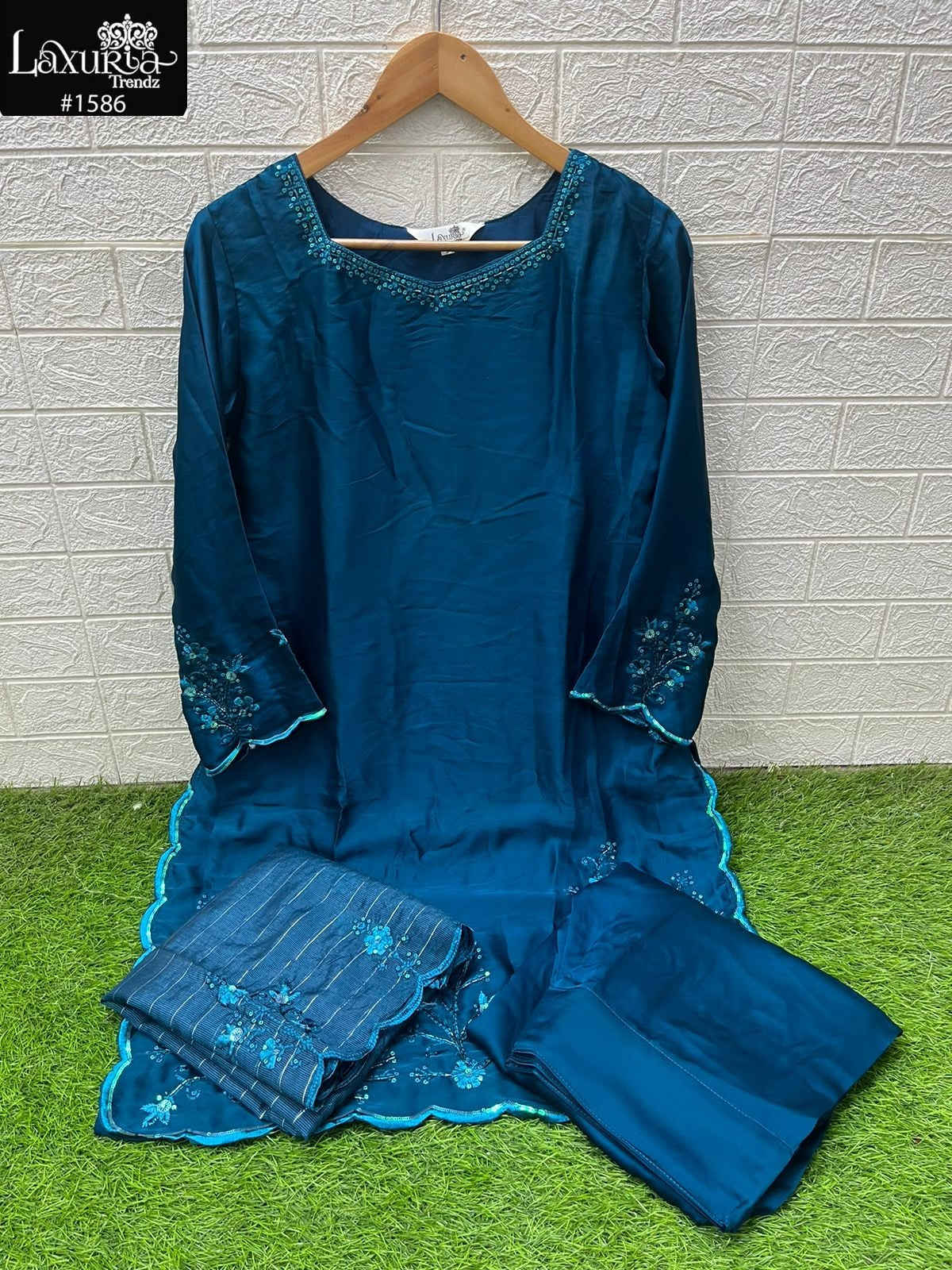 1586 Blue Laxuria Trendz Satin Pakistani Readymade Suits