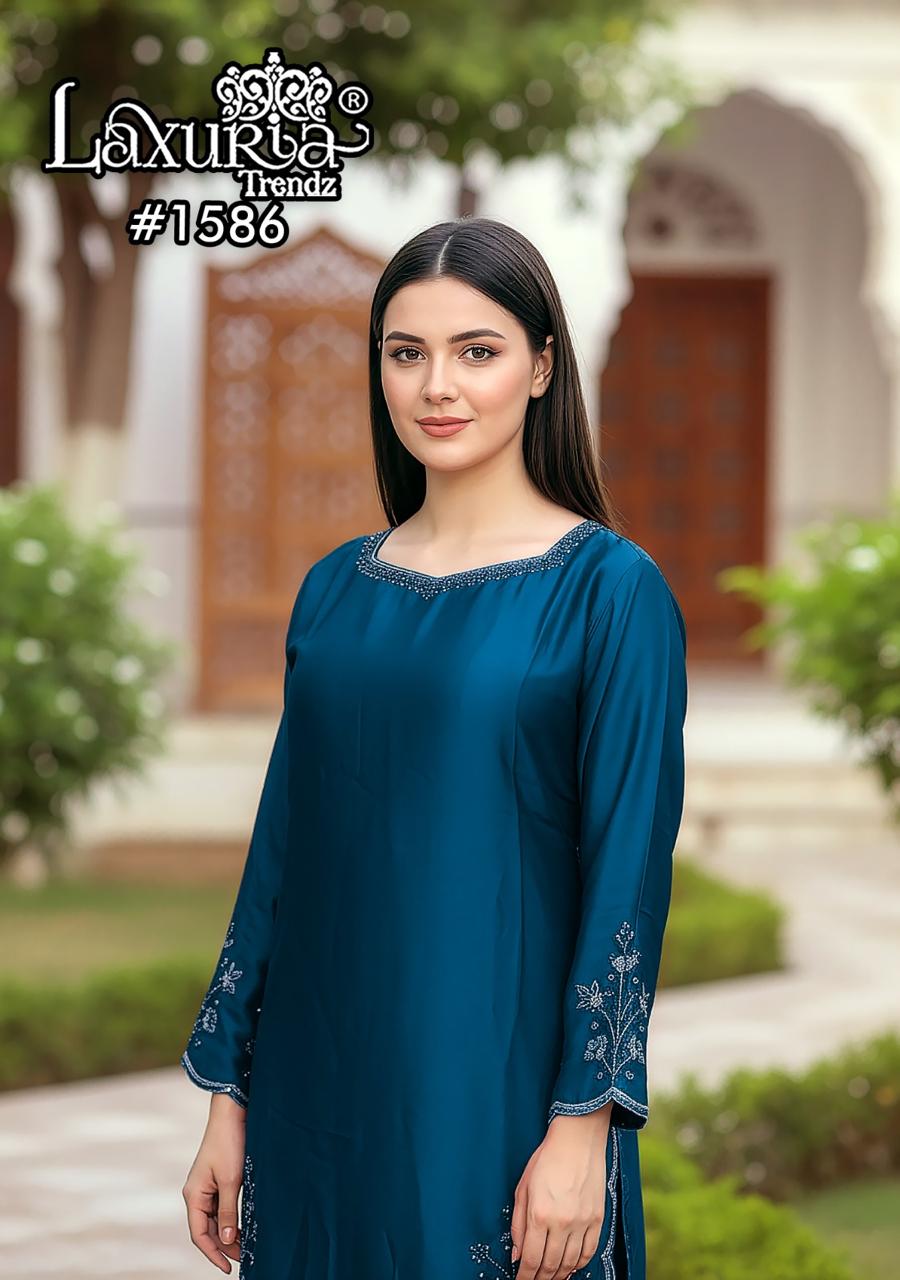1586 Blue Laxuria Trendz Satin Pakistani Readymade Suits
