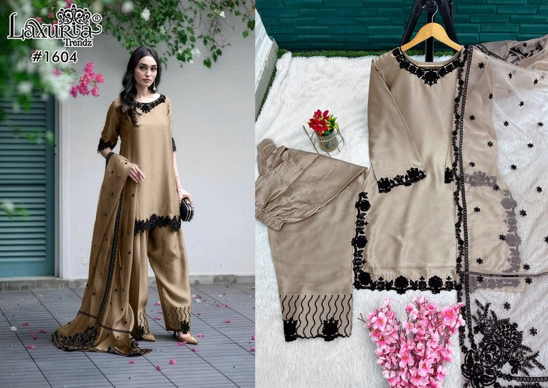 1604 Beige Laxuria Trendz Satin Pakistani Readymade Suits