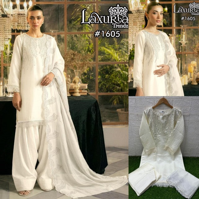 1605 Cream Laxuria Trendz Satin Pakistani Readymade Suits