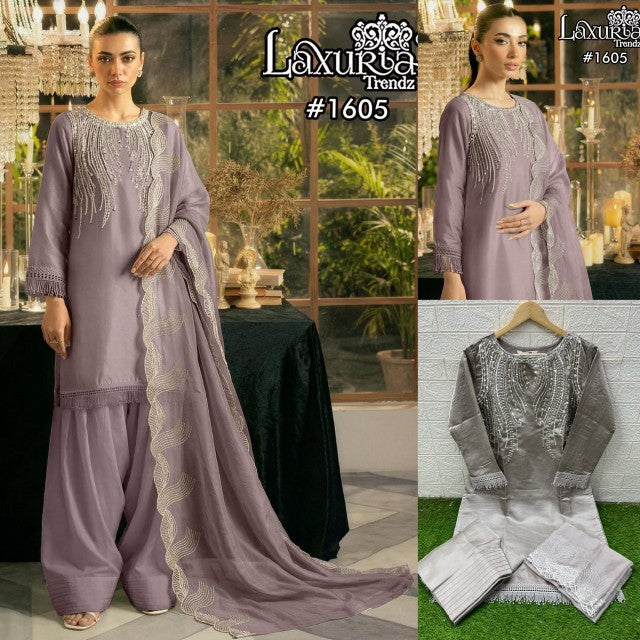 1605 Dusty Lavender Laxuria Trendz Satin Pakistani Readymade Suits