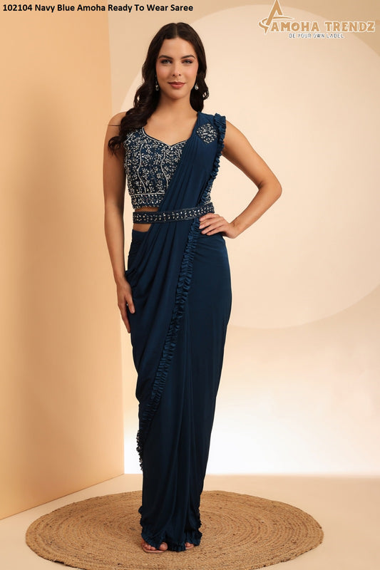 102104 Navy Blue Amoha Ready To Wear Saree