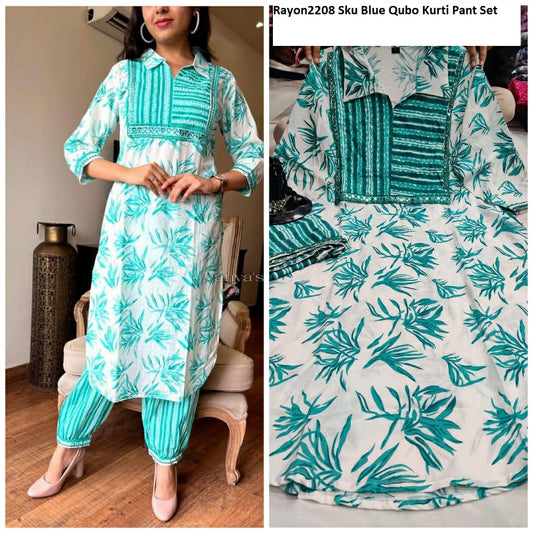 Rayon2208 Sky Blue Qubo Kurti Pant Set