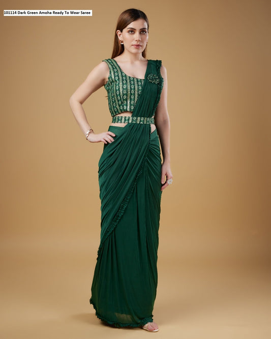101114 Dark Green Amoha Ready To Wear Saree