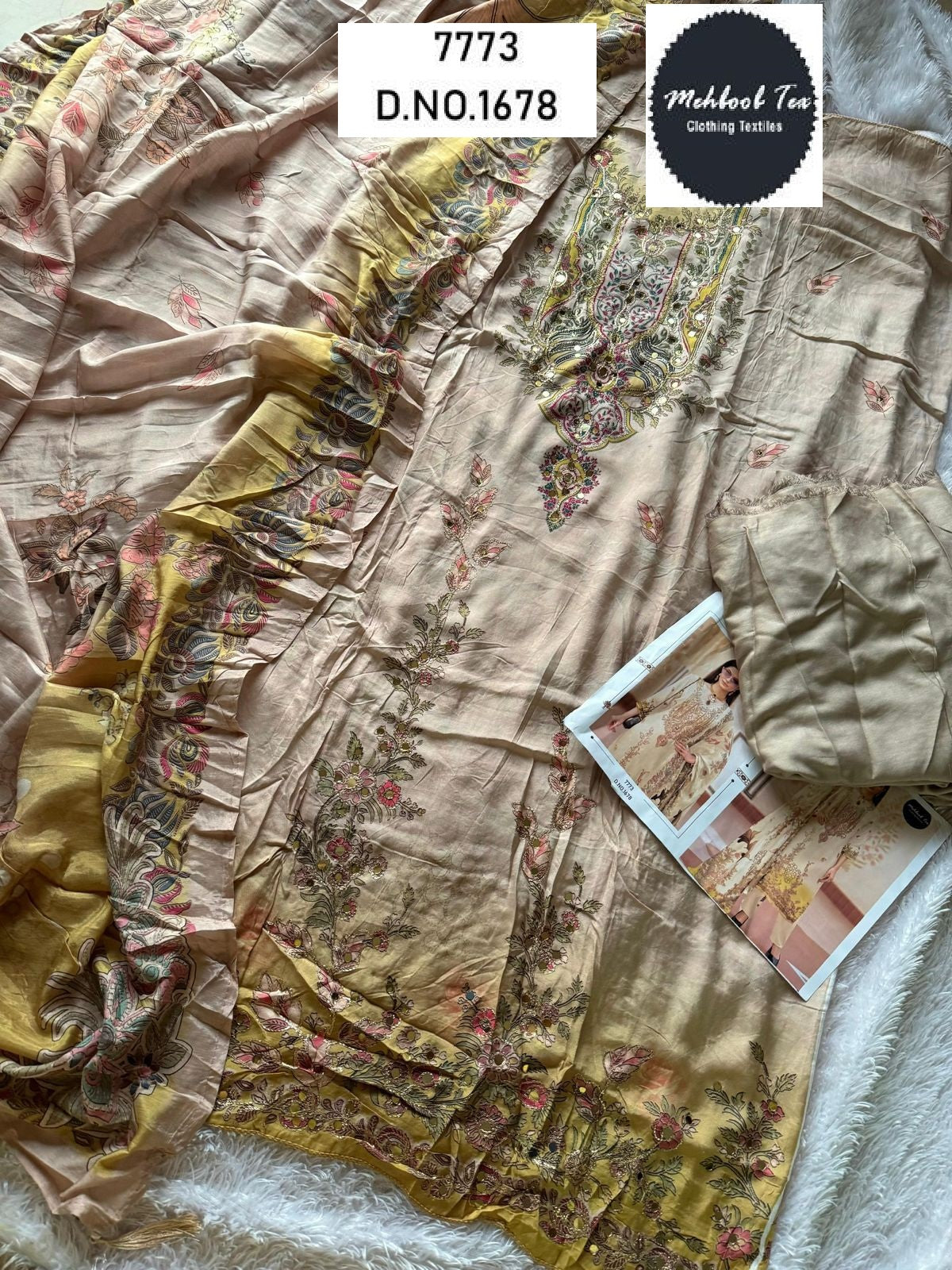 1678 Cream Mehboob Tex Printed Karachi Unstitched Suits