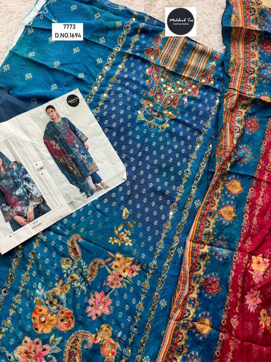 1694 Blue Mehboob Tex Printed Karachi Unstitched Suits