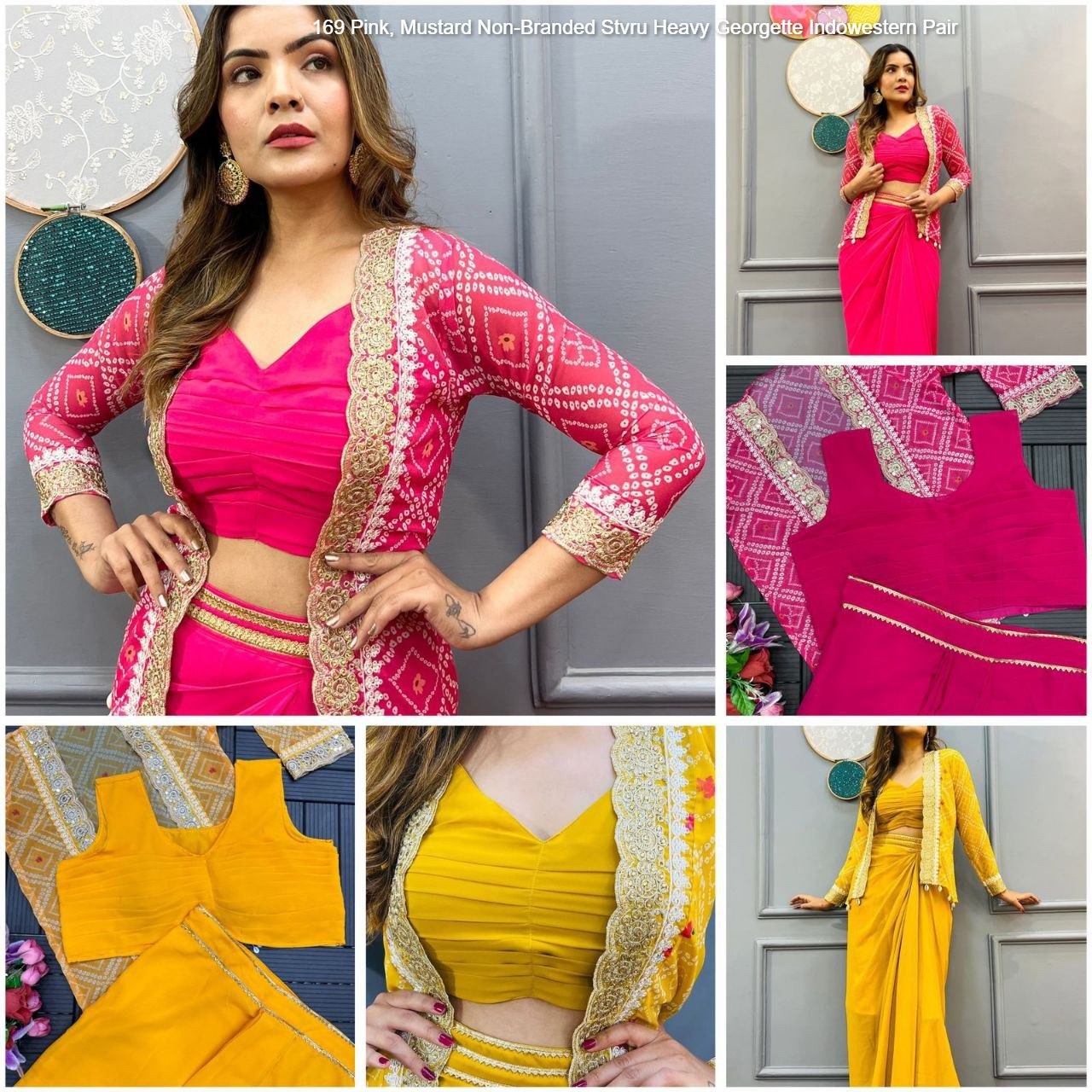 169 Pink, Mustard Non-Branded Stvru Heavy Georgette Indowestern Pair
