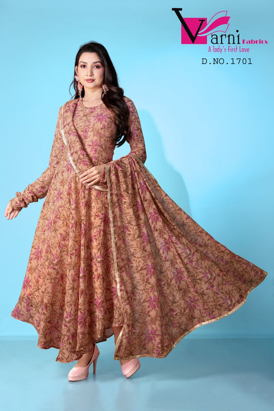 1701 Zeeya Lashkara Varni Fabrics Georgette Gown Dupatta Set
