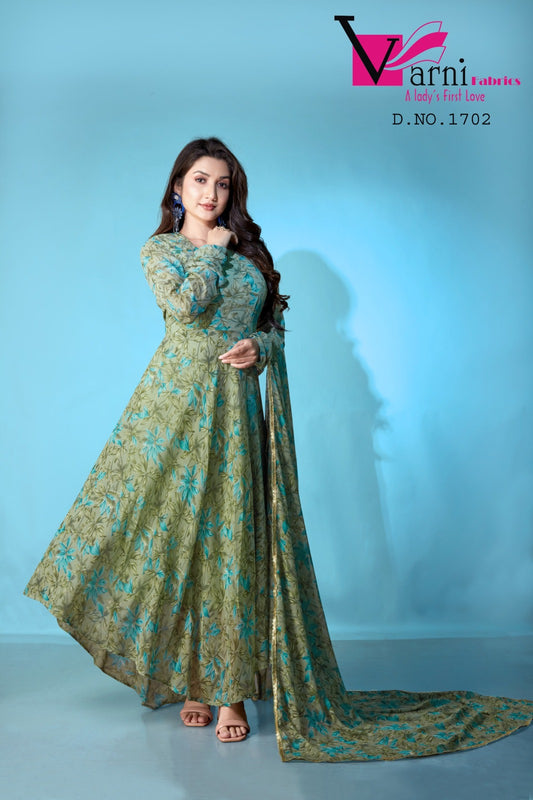 1702 Zeeya Lashkara Varni Fabrics Georgette Gown Dupatta Set