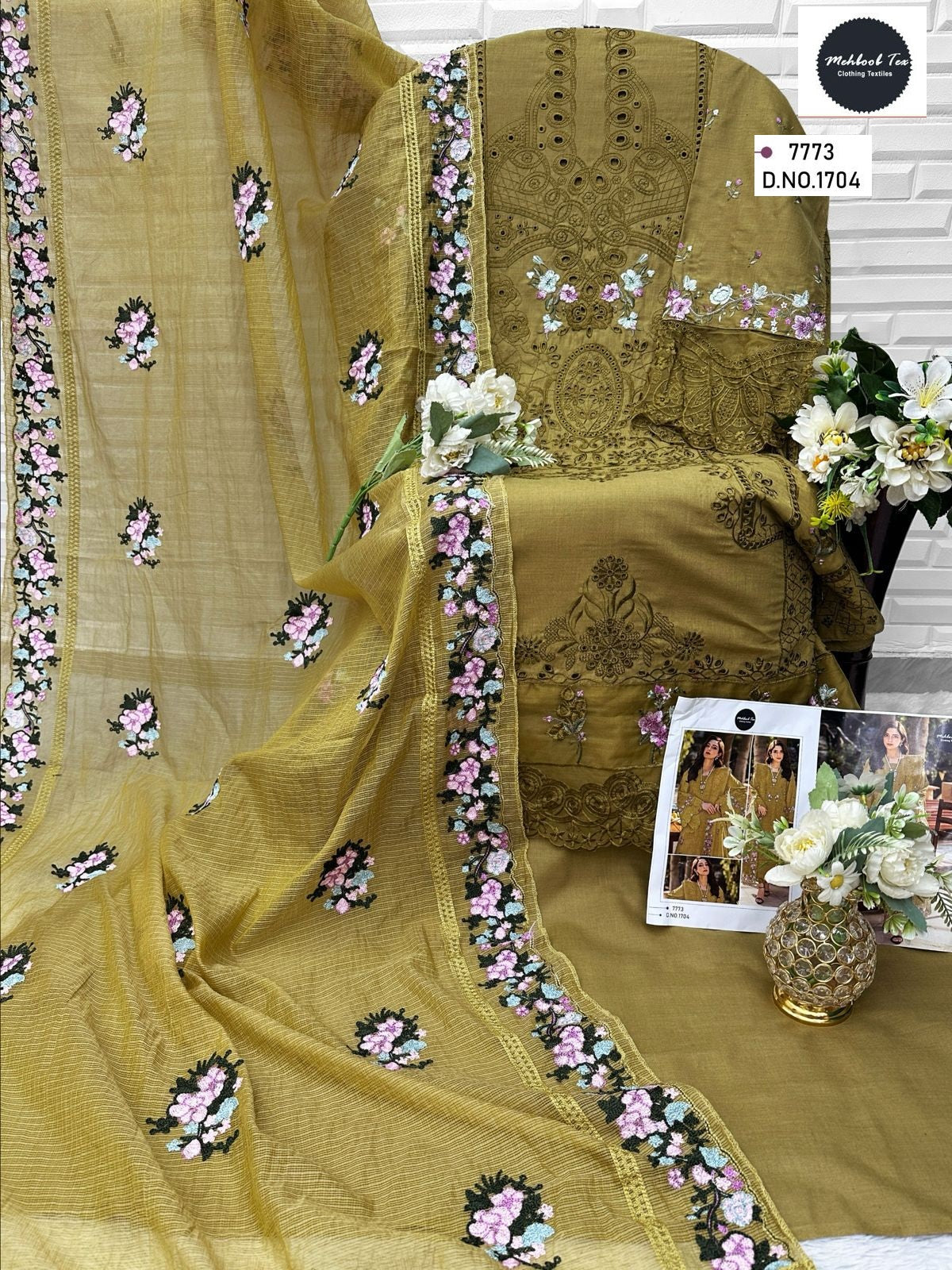 1704 Olive Green Mehboob Tex Embroidery Pakistani Salwar Suits