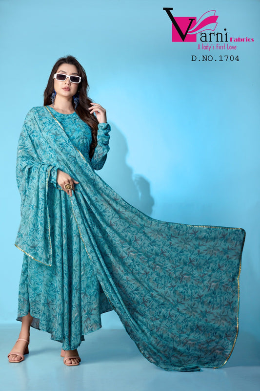 1704 Zeeya Lashkara Varni Fabrics Georgette Gown Dupatta Set