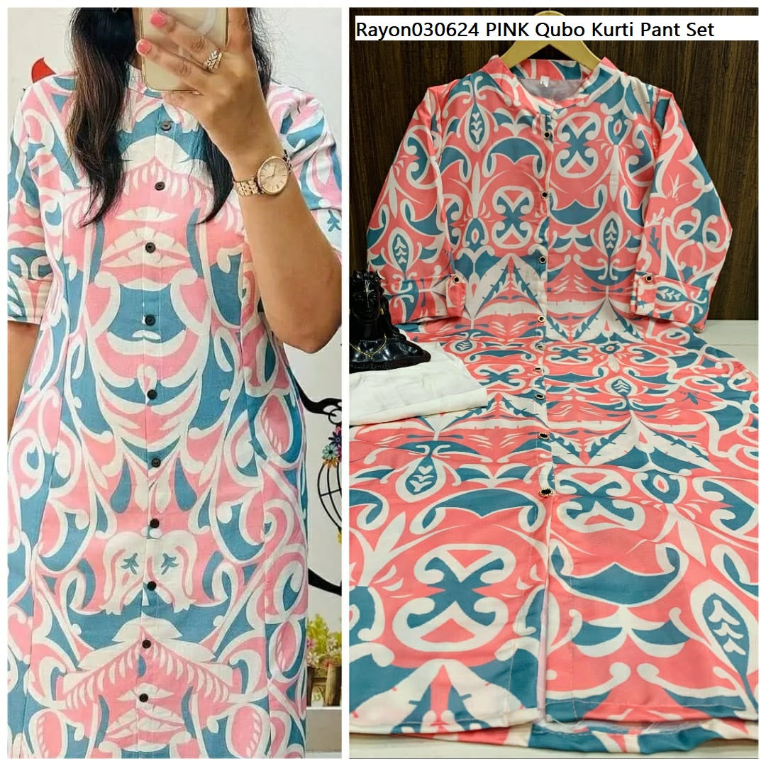 Rayon030624 Pink Qubo Kurti Pant Set