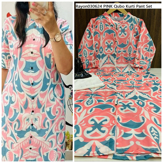 Rayon030624 Pink Qubo Kurti Pant Set