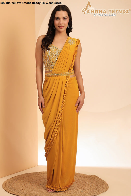 102104 Yellow Amoha Ready To Wear Saree