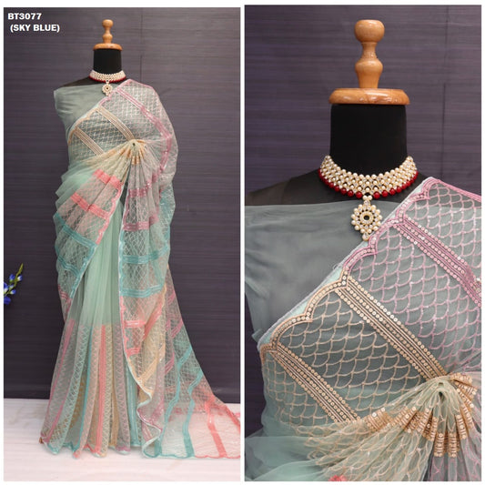 3077 Sky Blue Bt Sarees