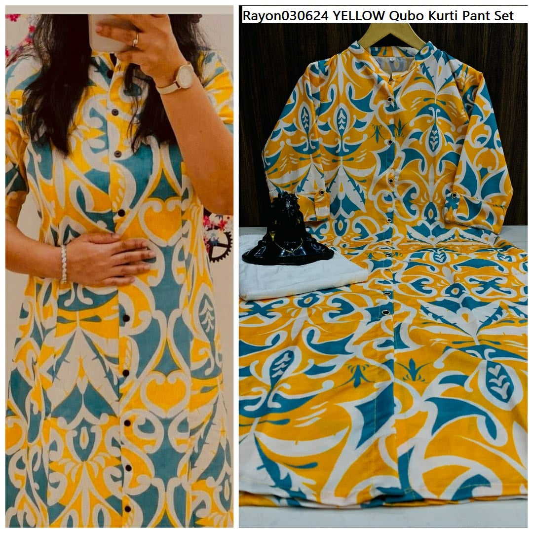 Rayon030624 Yellow Qubo Kurti Pant Set