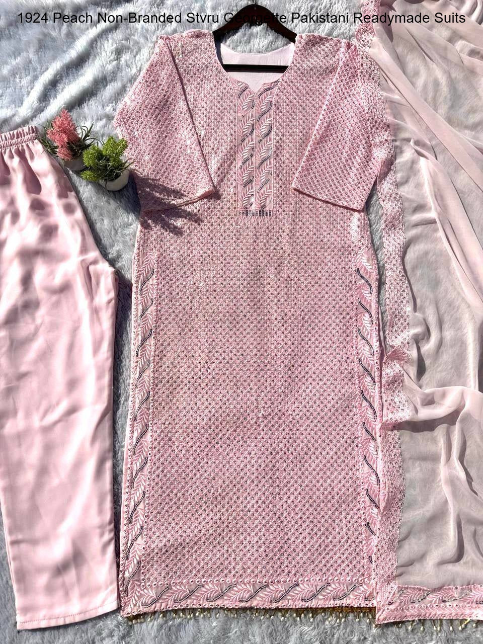1924 Peach Non-Branded Stvru Georgette Pakistani Readymade Suits