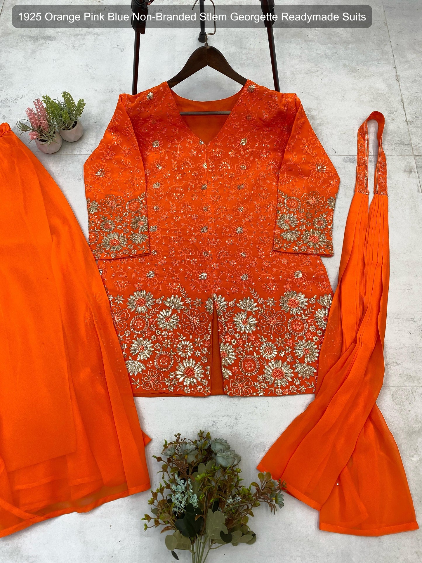 1925 Orange Pink Blue Non-Branded Stlem Georgette Readymade Suits