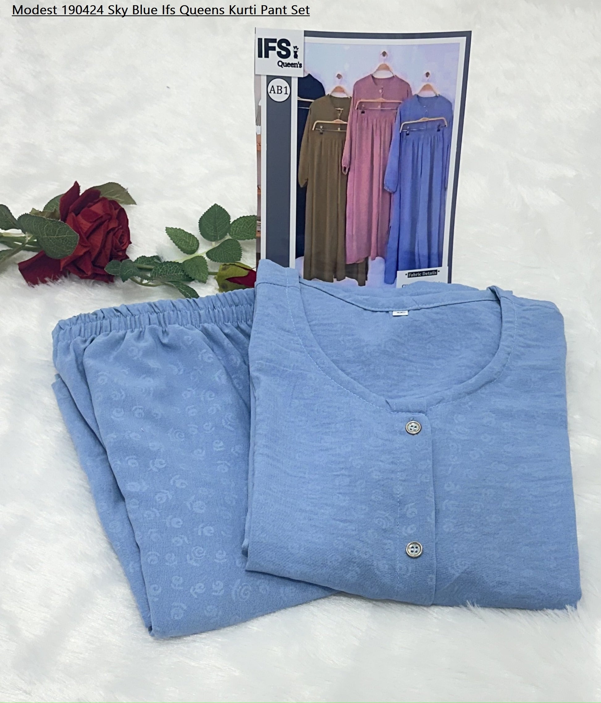 Modest 190424 Sky Blue Ifs Queens Kurti Pant Set