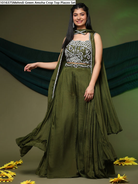 1016375Mehndi Green Amoha Crop Top Plazzo Set