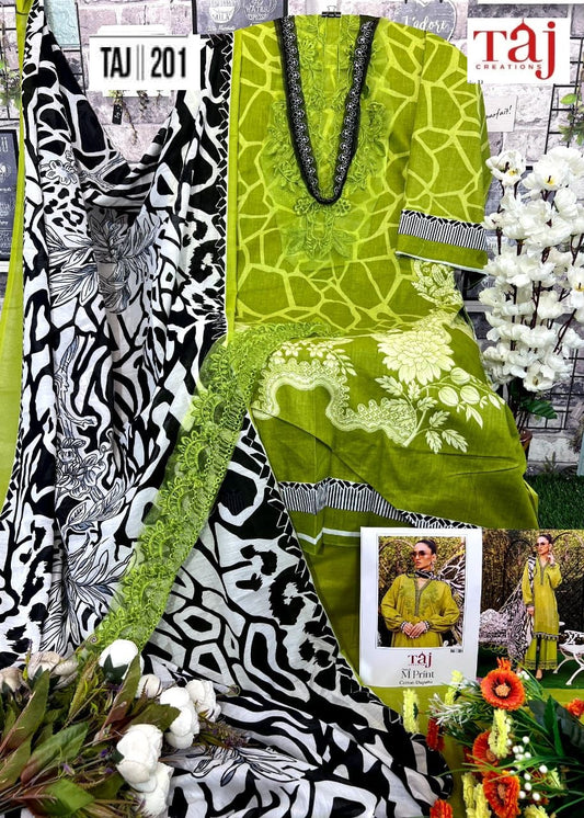201 Lemon Green Taj Creations Printed Pakistani Patch Suits