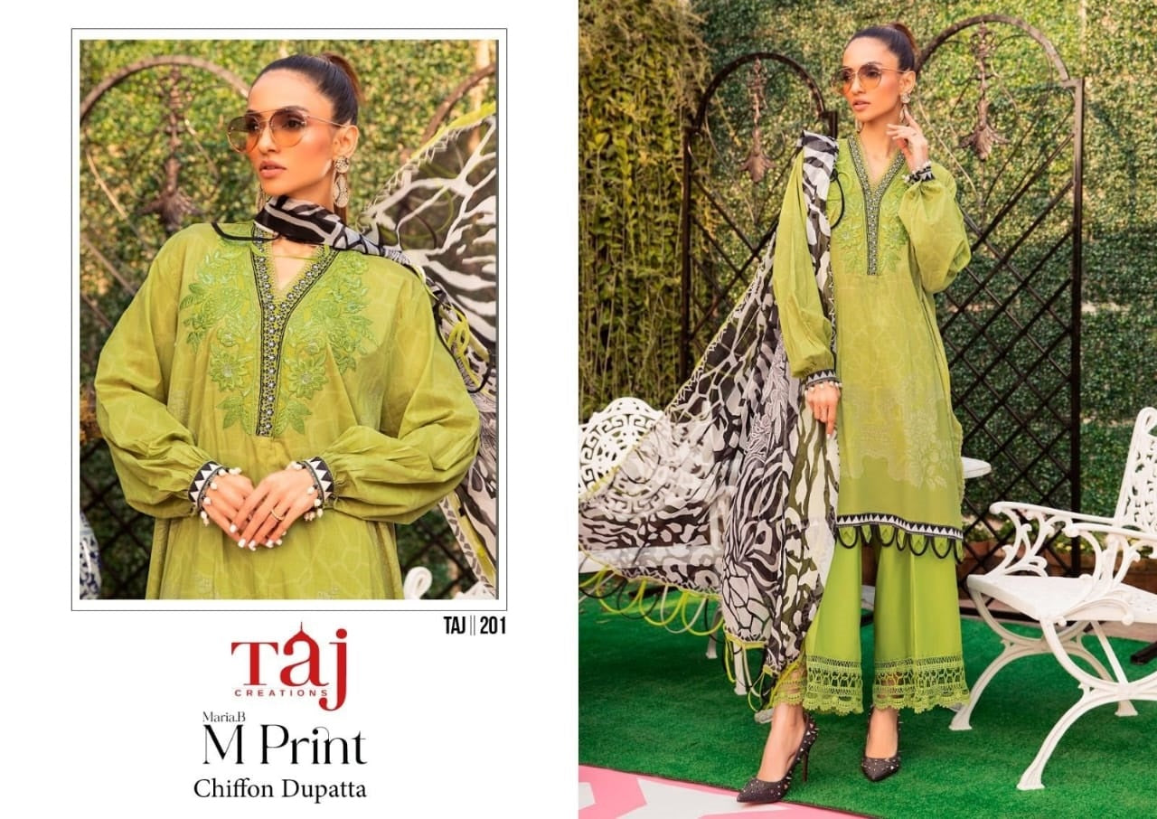 201 Lemon Green Taj Creations Printed Pakistani Patch Suits