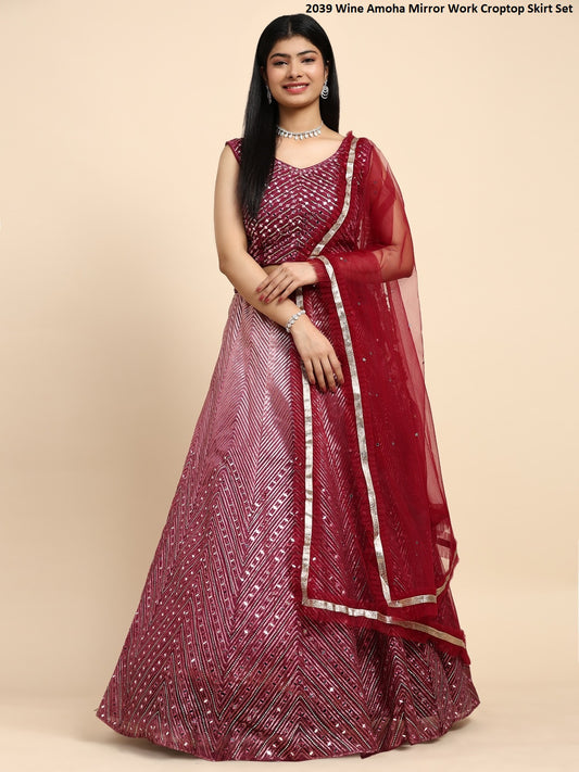 2039 Wine Amoha Mirror Work Croptop Skirt Set