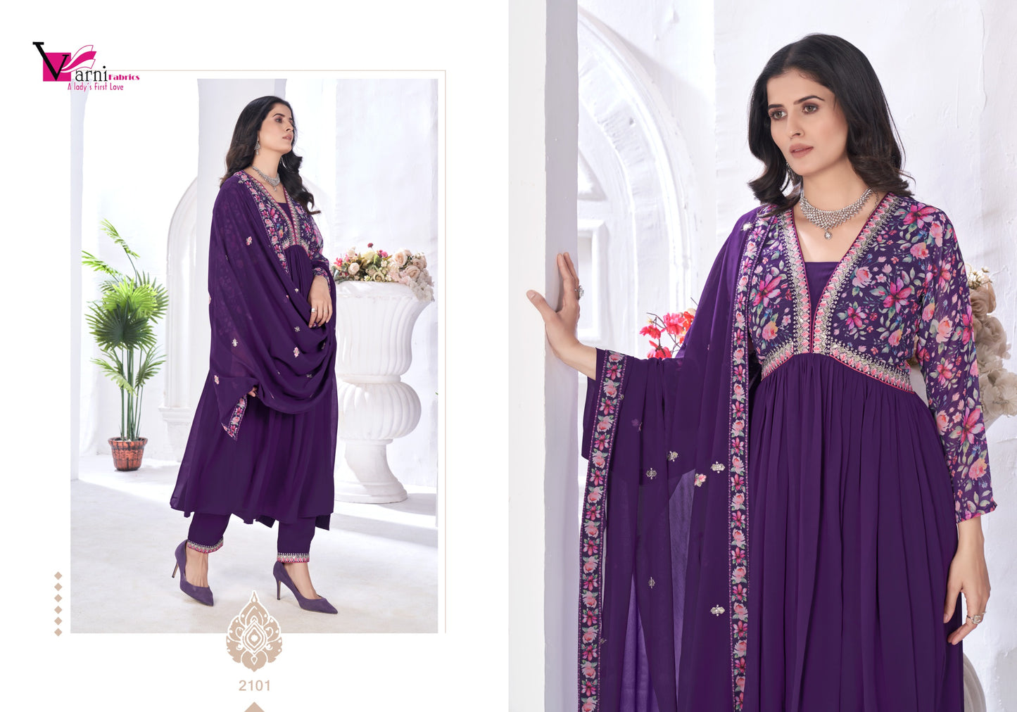2101 Zeeya Vaishnavi Varni Fabrics Alia Cut Readymade Suits