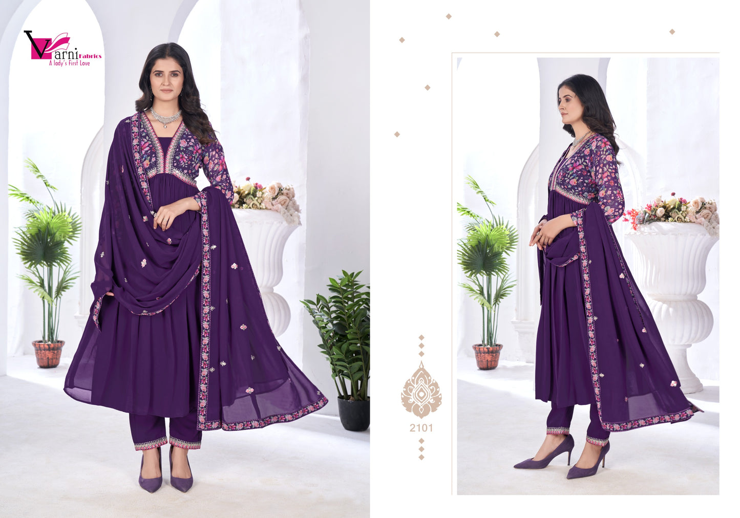 2101 Zeeya Vaishnavi Varni Fabrics Alia Cut Readymade Suits