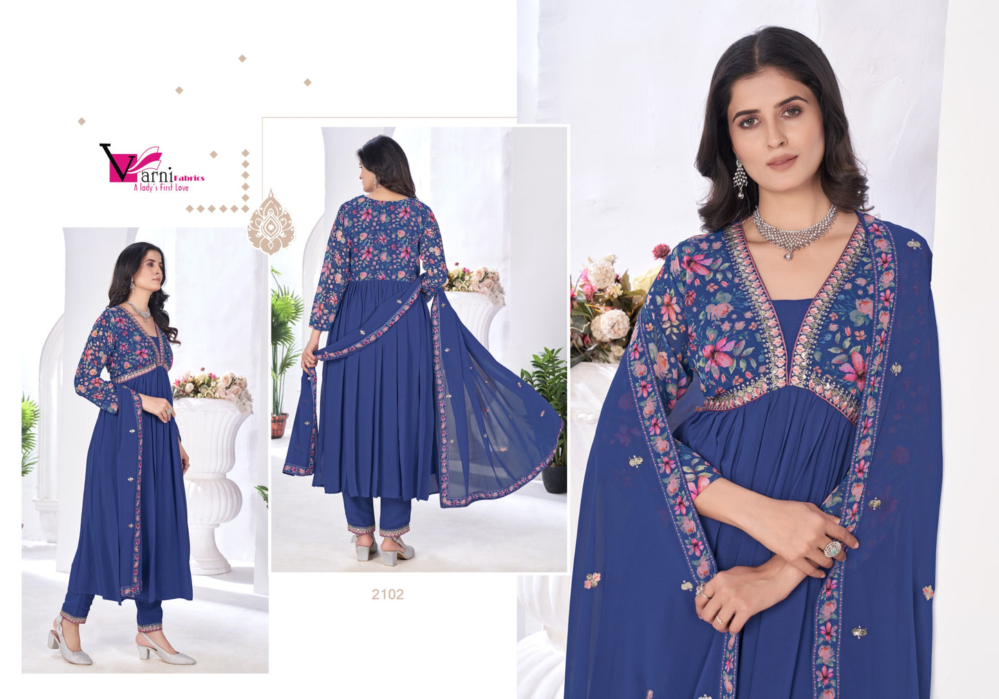 2102 Zeeya Vaishnavi Varni Fabrics Alia Cut Readymade Suits