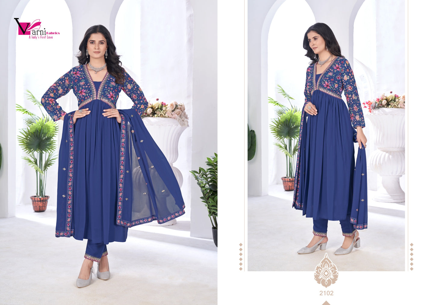 2102 Zeeya Vaishnavi Varni Fabrics Alia Cut Readymade Suits