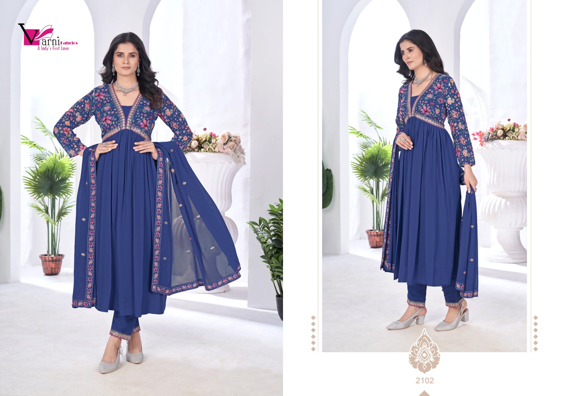 2102 Zeeya Vaishnavi Varni Fabrics Alia Cut Readymade Suits
