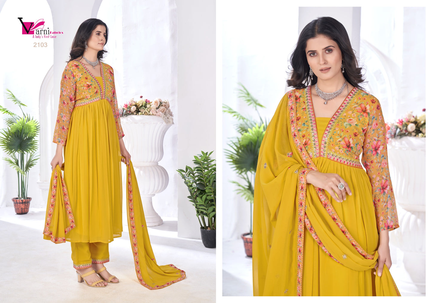2103 Zeeya Vaishnavi Varni Fabrics Alia Cut Readymade Suits