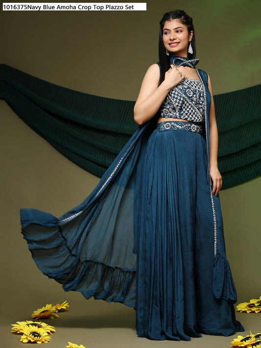 1016375Navy Blue Amoha Crop Top Plazzo Set