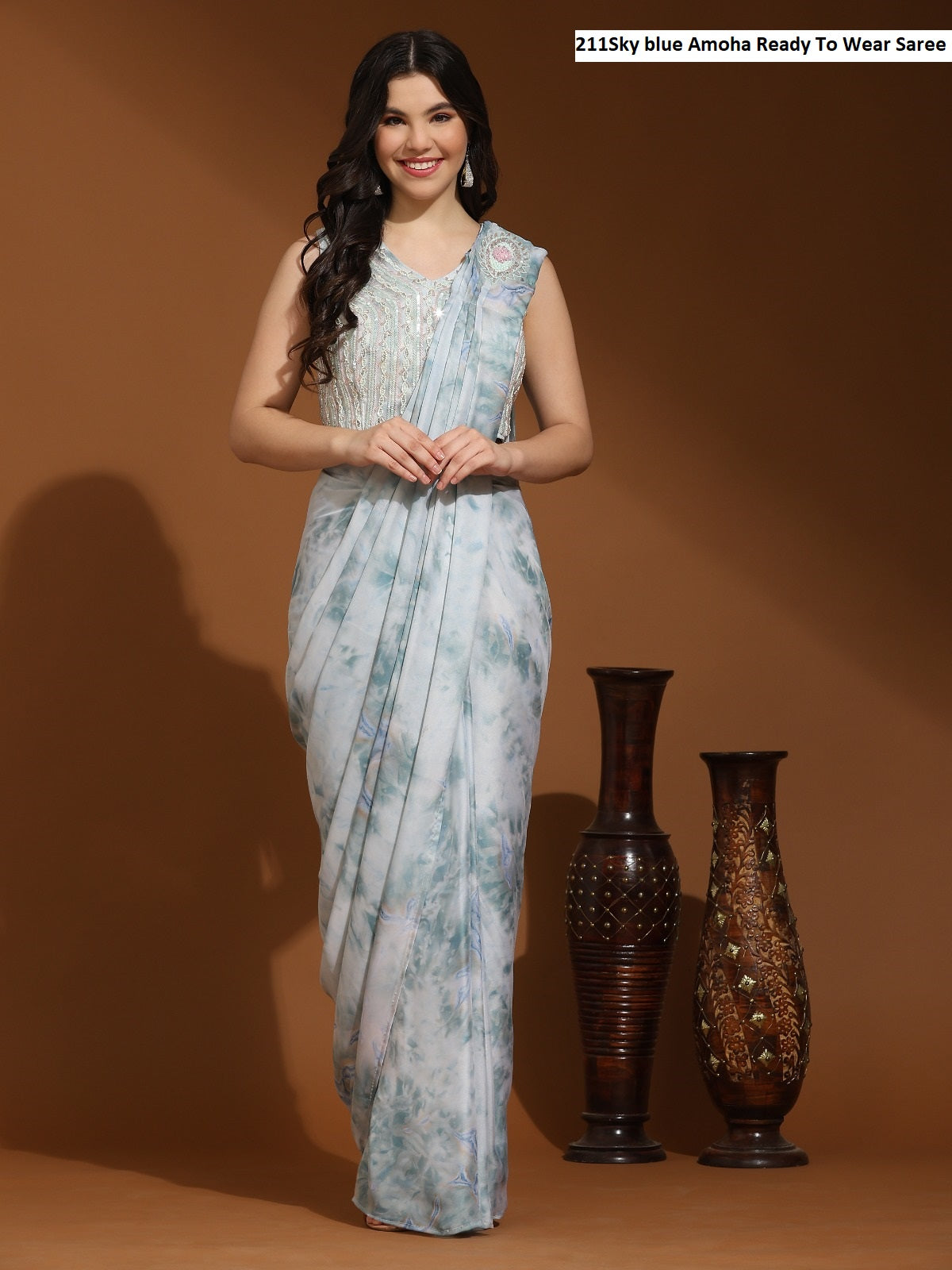 211Sky Blue Amoha Ready To Wear Saree