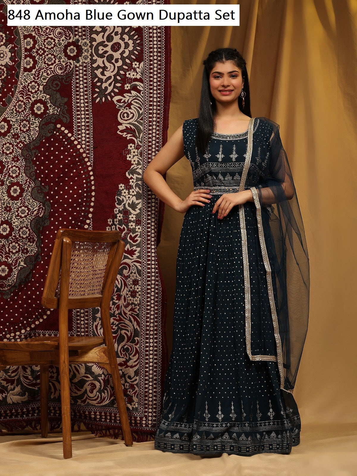 848Blue Amoha Gown Dupatta Set