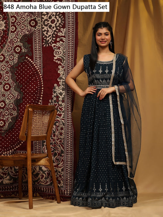 848Blue Amoha Gown Dupatta Set