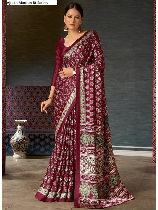 Ajrakh Maroon Bt Sarees