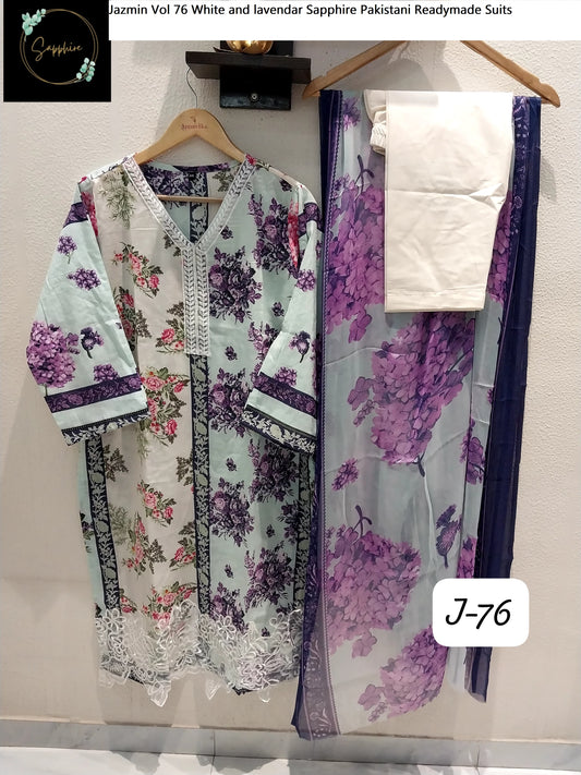 Jazmin Vol 76 White And Lavendar Sapphire Pakistani Readymade Suits