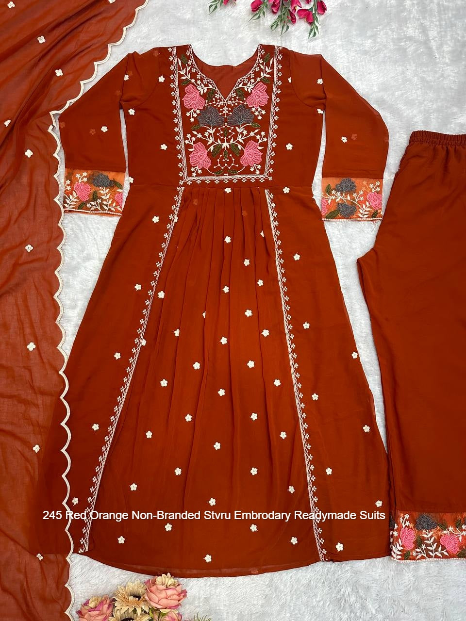 245 Red Orange Non-Branded Stvru Embrodary Readymade Suits