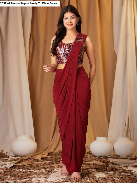253 Red Amoha Sequin Ready To Wear Saree