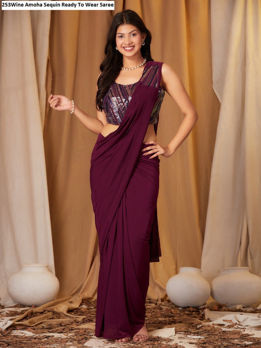 253 Wine Amoha Sequin Ready To Wear Saree