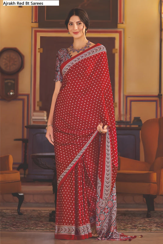 Ajrakh Red Bt Sarees